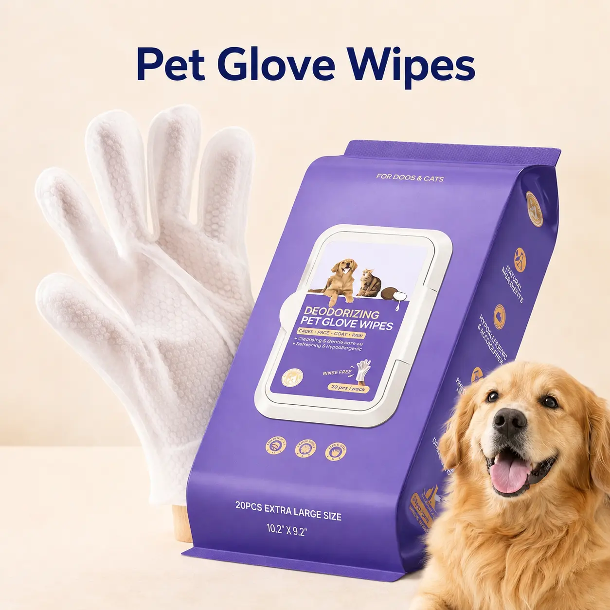 Pet Glove Wipes for Dogs & Cats, Disposable Cleaning Gloves for Pet Paws, Face, Ears & Body, Textured Deodorizing Grooming Wipes for Muddy Paws, Dirt & Odor Removal, Soft Moist Pet Cleaning Mitts for Daily Grooming, Travel & Quick Cleanups