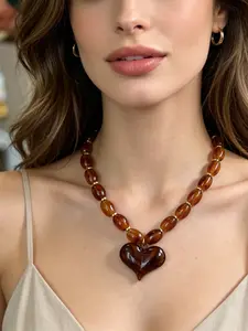 Boho Resin Heart Pendant Necklace, Stainless Steel Chain, Colorful Beads, Perfect for Parties and Travel, Stylish Jewelry Gift, Costume Jewelry