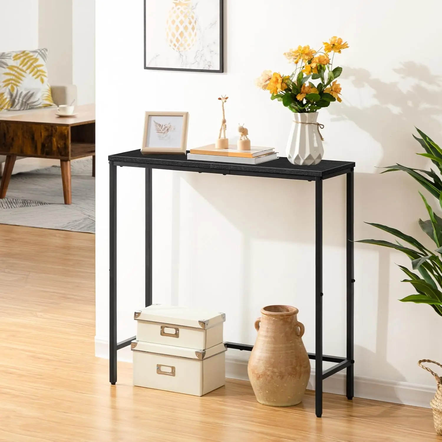 Narrow entrance table, 29.5-inch small entrance table, slim sofa side table, suitable for corridors, bedrooms, living rooms, and lobbies, retro brown black