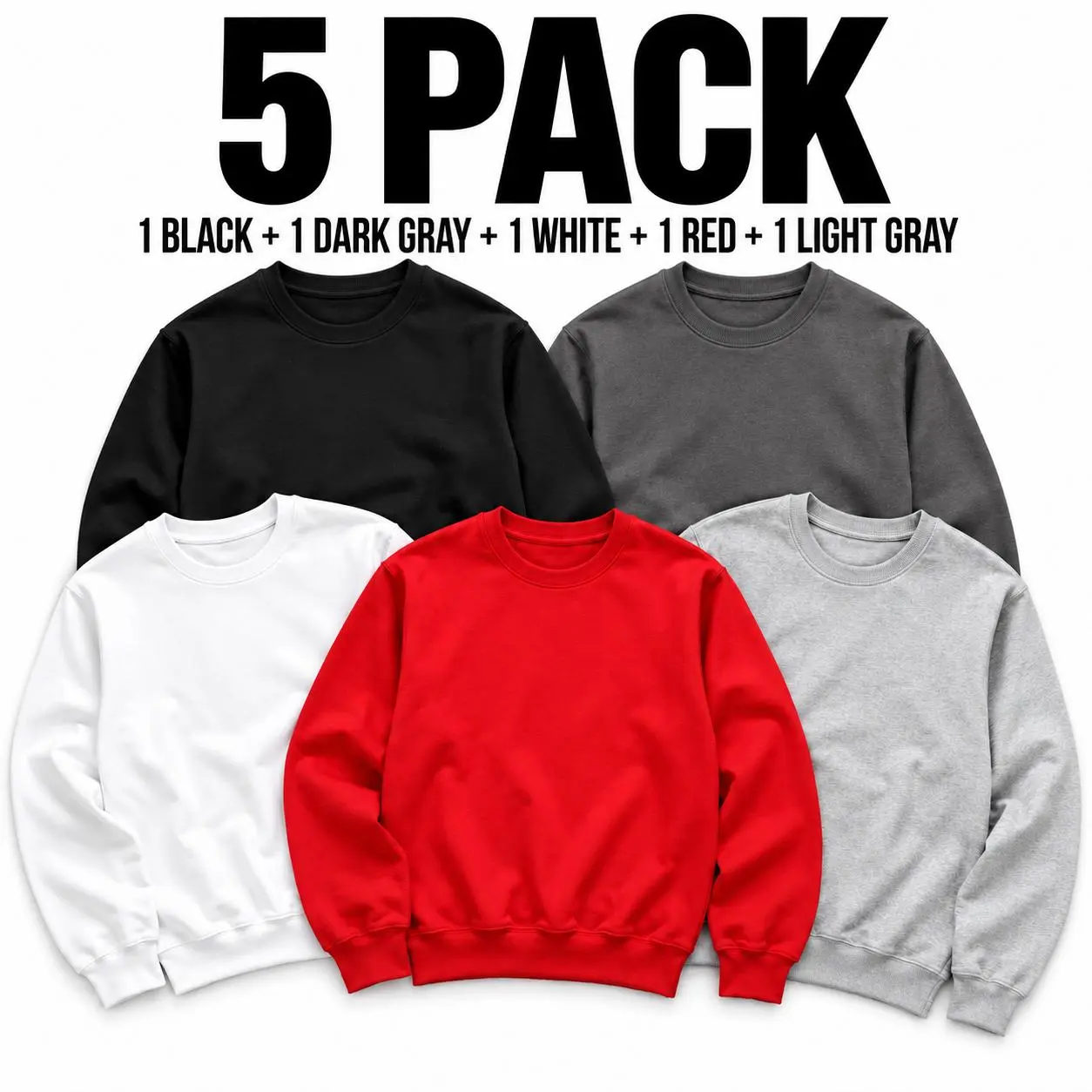 Men's 5-Pack Minimalist Poly-Cotton Crew Neck Sweatshirts - Black, Dark Gray, White, Red, Light Gray Solid Pullover Tops, Casual Long-Sleeve Streetwear, Loose-Fit Fall Winter Layering Shirts, Sohochic