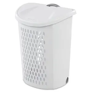 Wheeled Plastic Laundry Hamper with Lid and Retractable Handle, 2 Bushel White Laundry Basket with Wheels for Apartment and Dorm Use