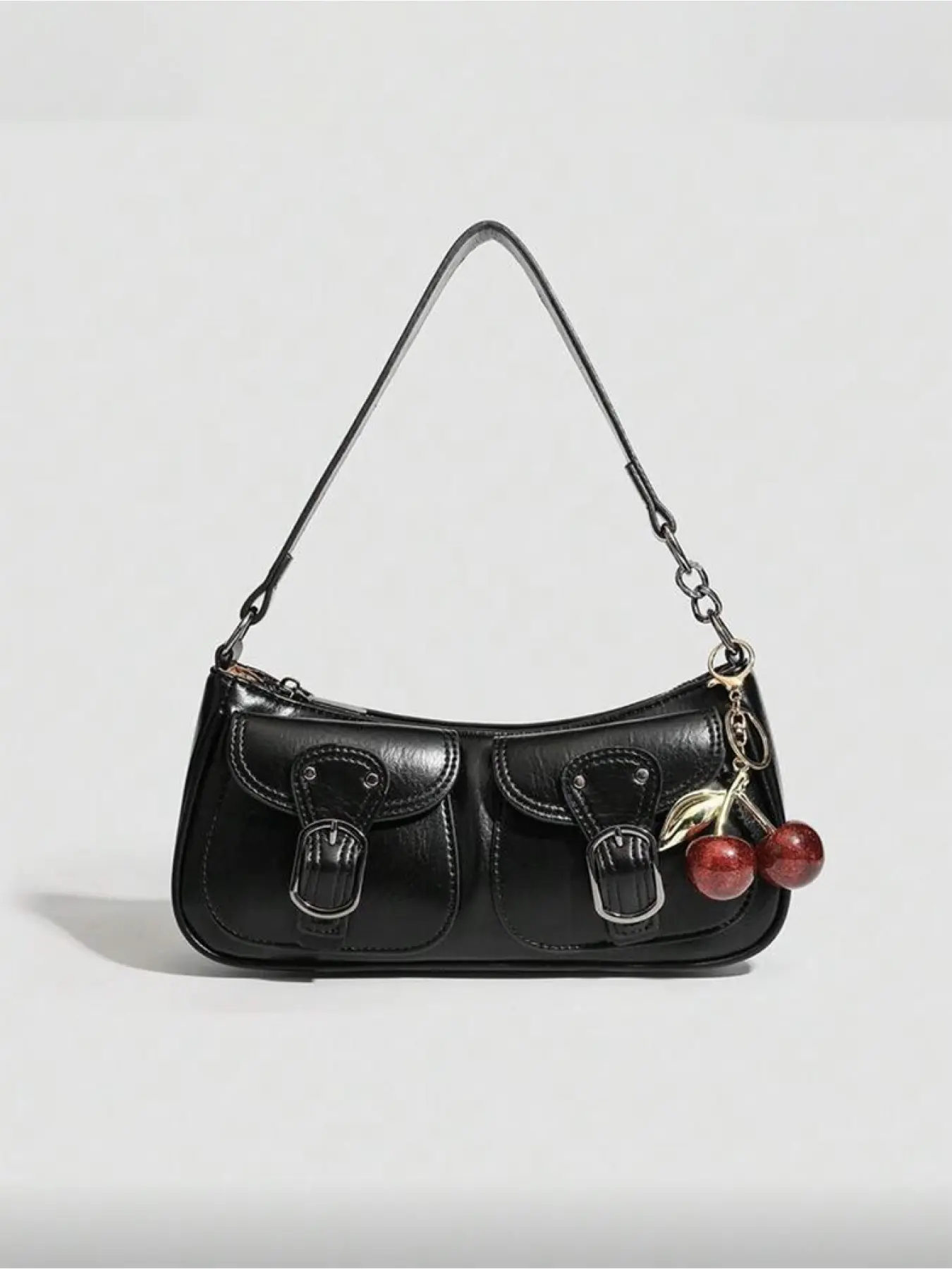 Y2K Retro Double Buckle Double Pocket Long Bag Glossy Wax Faux Leather Armpit Hobo Handbag with Metal Hardware and Removable Red Cherry Charm for Daily Commute Party Date Night Shopping Travel Fits Casual Shoulder Bag Crossbody Shoulder Bags