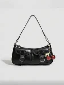 Y2K Retro Double Buckle Double Pocket Long Bag Glossy Wax Faux Leather Armpit Hobo Handbag with Metal Hardware and Removable Red Cherry Charm for Daily Commute Party Date Night Shopping Travel Fits Casual Shoulder Bag