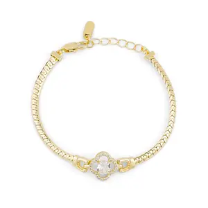 MEIITRUE 14K Gold Plated Snake Chain Bracelet for Women, Lucky Clover Zirconia Bracelet, Hypoallergenic Fashion Jewelry Gift for Girls
