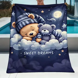 1Pc Teddy Bears Cloud Night Stars Flannel Blanket |   Soft Warm All-Season, Polyester, Suitable For Sofa, Bed, Office, Shawl, Camping And Travel, Perfect Gift For Birthday Anniversary, Travel Essential, Festive Pattern, Home