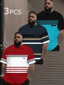 3-Pack Plus Size Men's Fashion Casual Round Neck Short Sleeve T-Shirts, All-Season Versatile Daily Wear, Striped Style, Urban Trend Clothing