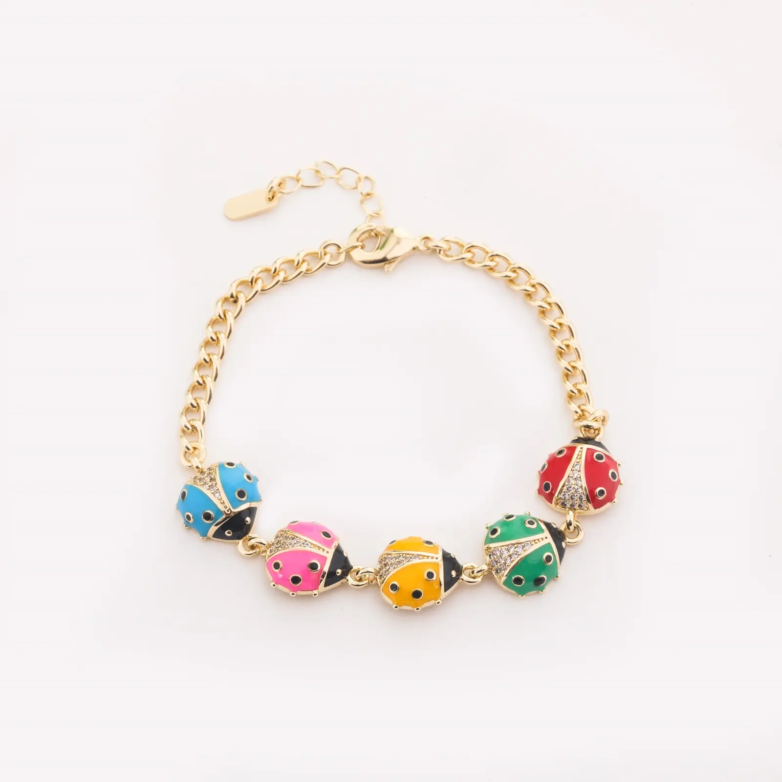 Trendytry Lucky Ladybug Amulet Bracelet for Women 14K Gold Plated Enamel Charm Stackable Adjustable Wrist Candy Aesthetic Jewelry for Girls
