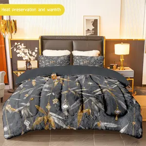 3pcs (1 comforter + 2 pillowcases) Gold Leaf Patterned Flannel & Milk Velvet Comforter Set, Soft Plush Bedding Set for Adults, Cozy Warm Bedding Essentials