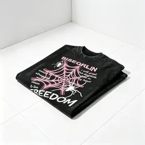Pink spider web, retro stone washed short sleeved, pink toned spider, paired with sweet and cool contrast, easy to earn high return rates when going out! American soft and thick skin friendly retro cotton T-shirt subculture spicy girl dailystreetwear