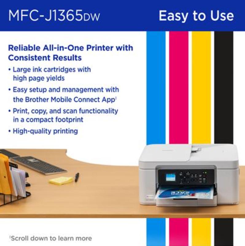 Brother MFCJ1365DW INKvestment 1365 Wireless Color Inkjet All-in-One Printer with Automatic Duplex Printing 1.8 Color Display & Fast Print Speeds