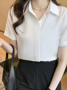 Women's chic button up shirt, lightweight formal workwear shirt, multi-color Morandi color series short sleeved shirt suitable for formal occasions, business style commuting versatile top