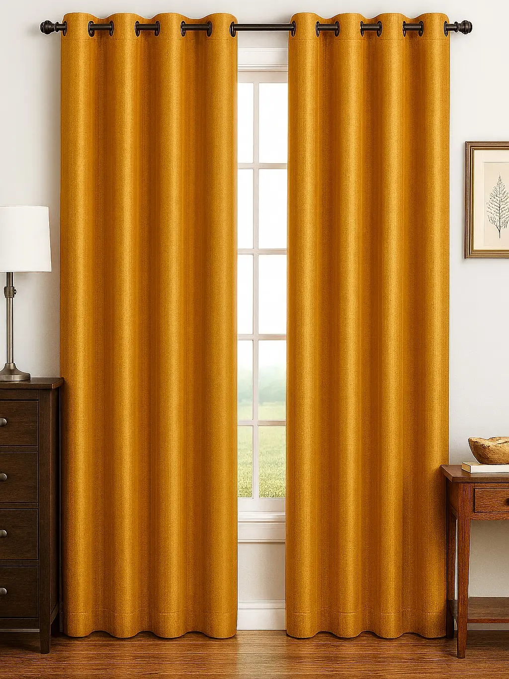 Luxury Glow Faux Silk Curtain Panel – 2 Panel Set, Each 54x84”, 8 Grommets, Elegant  Light Filtering Drapes for Bedrooms Living Rooms -Mustard Yellow