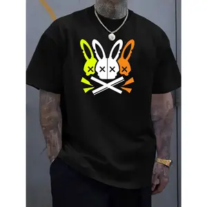Men’s Bunny Skull Graphic Tee, Casual Crew Neck Short Sleeve, Unique Street Style for Summer Daily Wear
