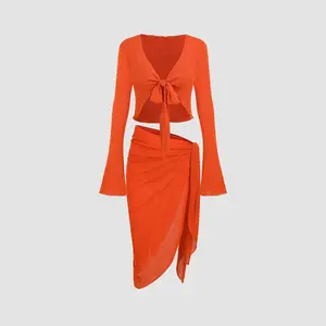 Cider [size 0-10] Knotted Long Sleeve Crop Top & Ruched Asymmetrical Hem Skirt