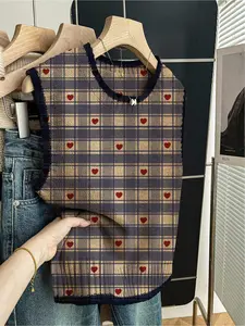 1 piece + Women's loose crew neck sleeveless knit top with contrast navy trim, patchwork plaid & heart print, casual back-to-school style for spring & summer, can be worn alone or layered with a vest, Multicolor