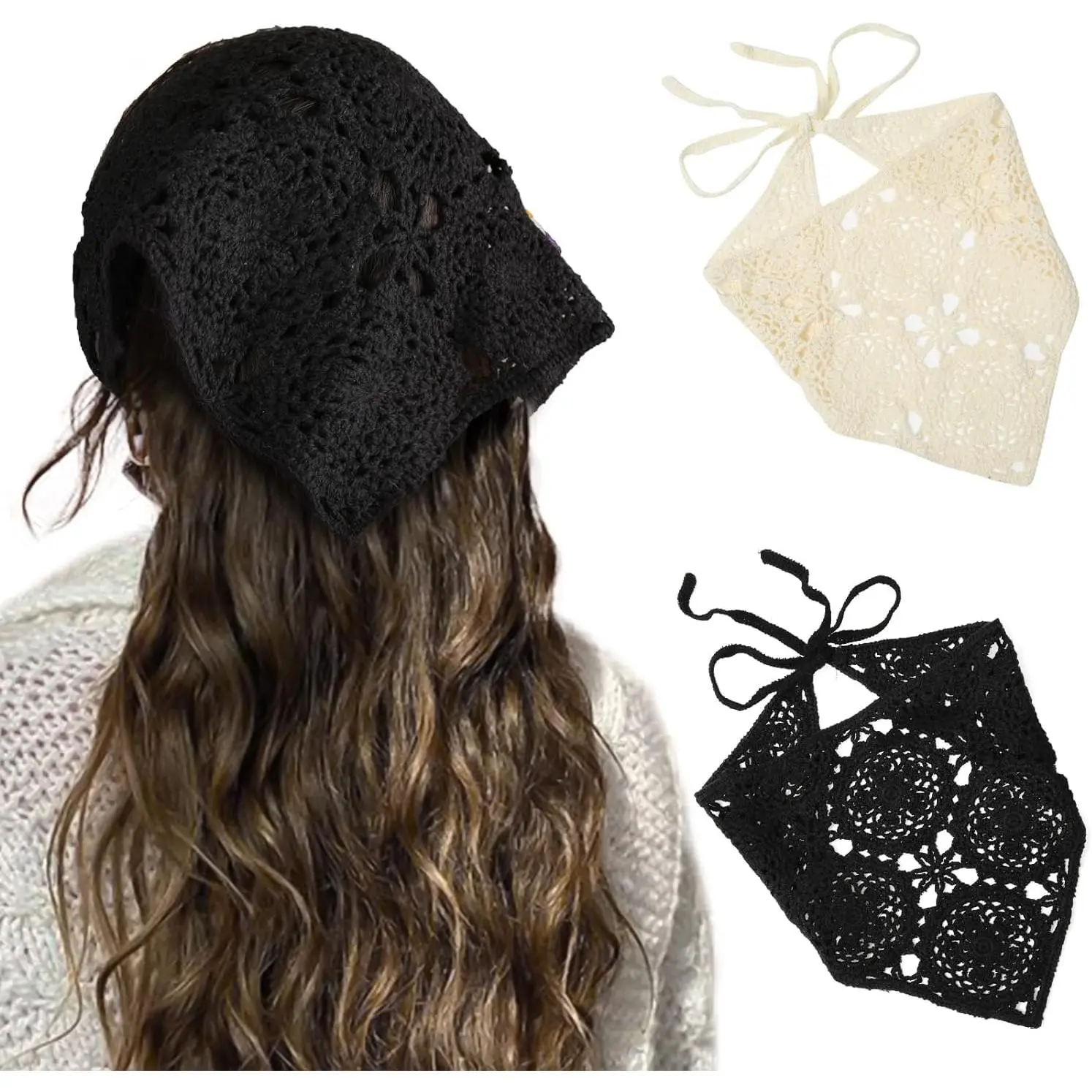 Floral Crochet Hair Bandanas Headscarf 2 PCS Women Hair Scarf Daisy Headband Vintage Head Kerchief for Girls