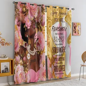 2 pieces of black women's curtains. African-American girl transparent perforated grommet curtains with colorful pink-gold flowers and interesting motivational quotes. Suitable for home decoration in dormitories, bedrooms, living rooms, etc.
