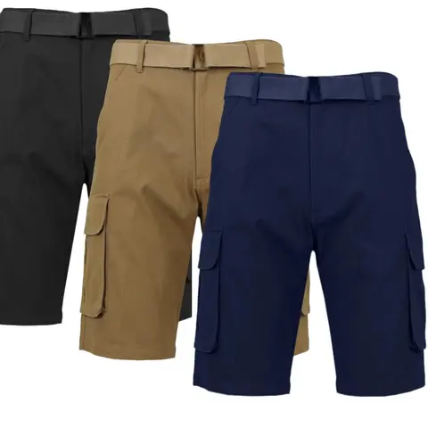 Men's 3-Pack Stylish Loose Fit Cotton Plain Cargo Shorts - Menswear, Tonal D-Ring Belt, 6 Pockets, Spandex-Blend Stretch Fabric, Hem, Button, Soft All-Season Bottoms for Casual Athletic Summer Outdoor Use