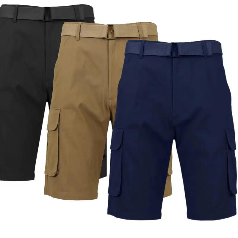 Men's 3-Pack Stylish Loose Fit Cotton Plain Cargo Shorts - Menswear, Tonal D-Ring Belt, 6 Pockets, Spandex-Blend Stretch Fabric, Hem, Button, Soft All-Season Bottoms for Casual Athletic Summer Outdoor Use