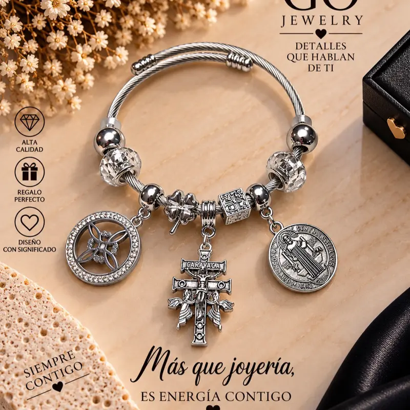 Nudo de Bruja, Cruz de Caravaca y San Benito Triple Protection Bracelet with Charms and Beads
