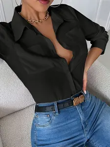 Women's Plain Button Front Shirt, Elegant Minimalist Long Sleeve Collared Top for Spring & Fall, Ladies Clothes for Work Office Business