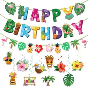 Hawaiian Style Happy Birthday Letter Pull Flag Set, Tropical Flamingo Pineapple Party Decoration, Spiral Hanging Ornament Kit