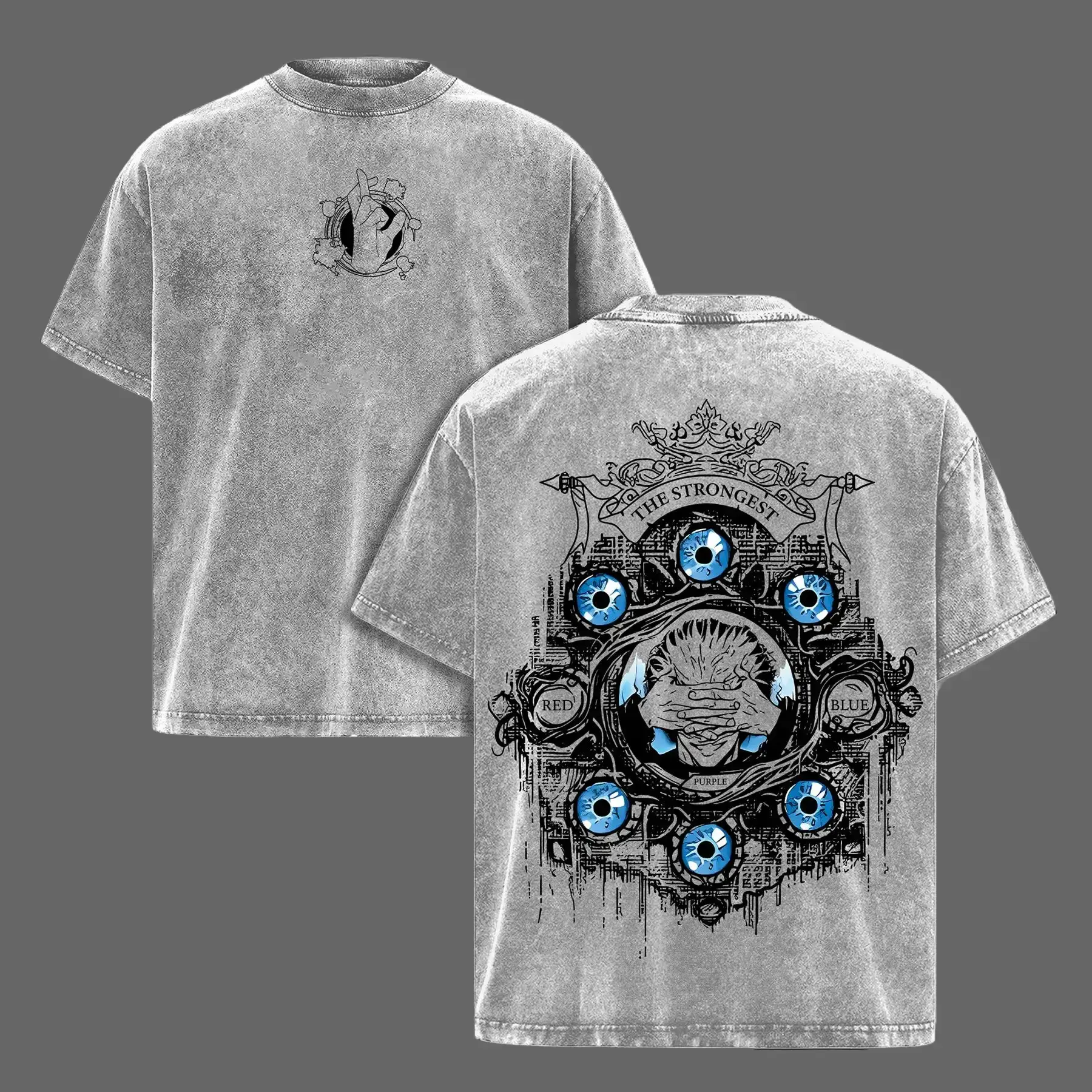 Menswear Men's Jujutsu Kaisen Gojo Satoru 6 Eyes Oversized Heavy Cotton Short-Sleeve T-Shirt - Round Neck, Casual Loose-Fitting Medium Length Washed Vintage Double-Printed Retro Unisex Streetwear Graphic Top, JJK Culling Game Anime Manga