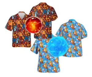 Charman Surfing Pkm Hawaiian Shirt, Cute Video Game Monster Apparel For Men Women, Fun Printed Summer Vacation Outfit