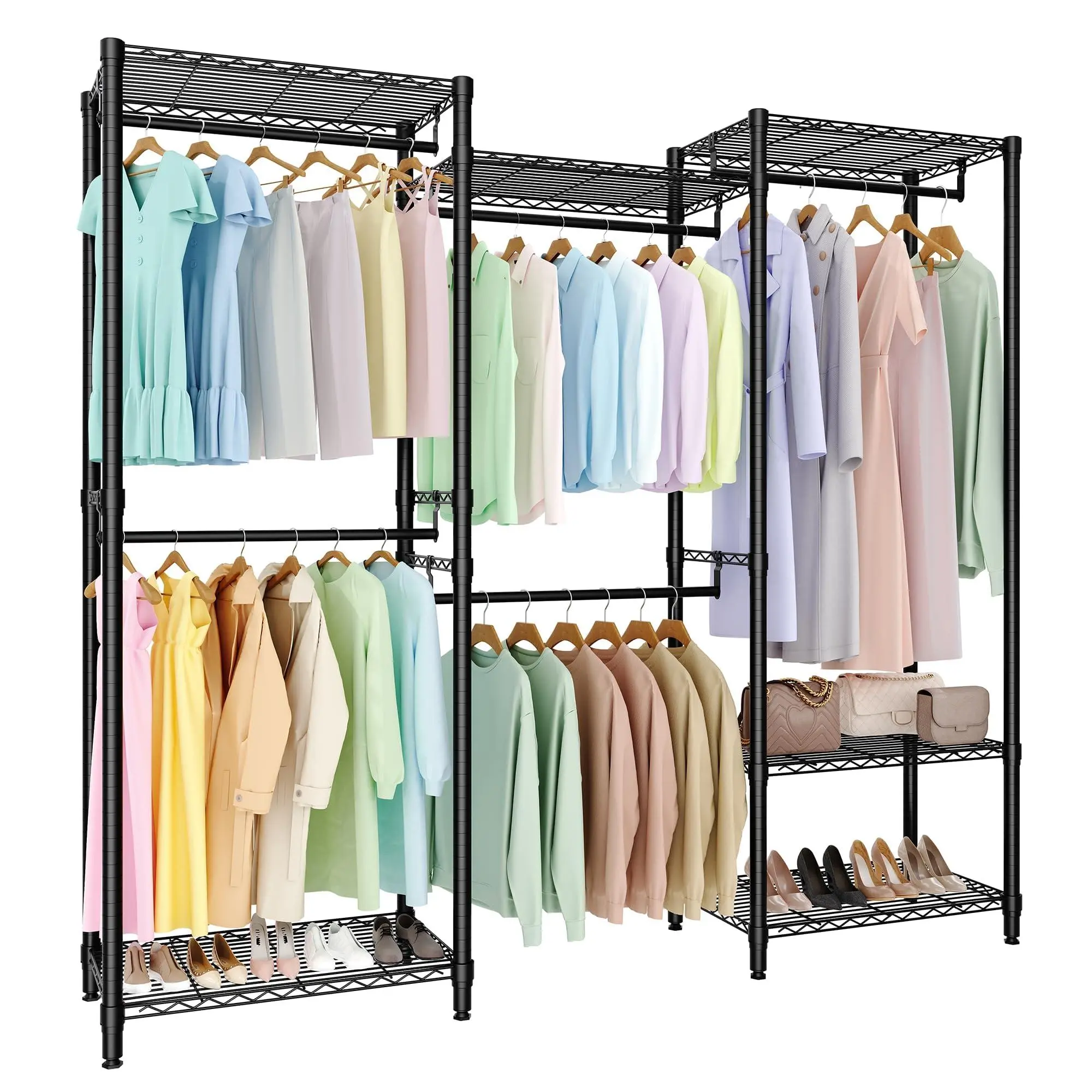 Heavy Duty Garment Rack Stable Clothes Rack for Hanging Clothes Wardrobe Closet with Adjustable Shelves & 5 Hanging Rods 76.5" H x 67.6" L x 15.5" W Black