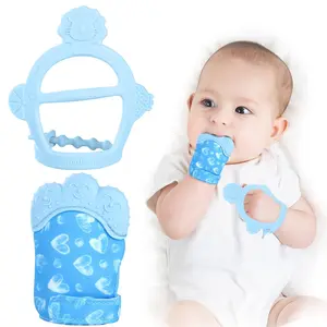 Silicone Teething Mitt, 2Pcs Baby Teething Mitten with Adjustable Strap, Crinkle Sound and Textured, Self Soothing Baby Chew Toys for 0-6month Infants