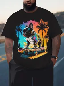 【Plus Size】 Dog & Skateboard Tropical Print Round Neck Tee, Regular Fit Casual Streetwear Looks, Short Sleeve Crew Neck T-Shirt for Daily Wear, Men's Clothing for All Seasons, Top