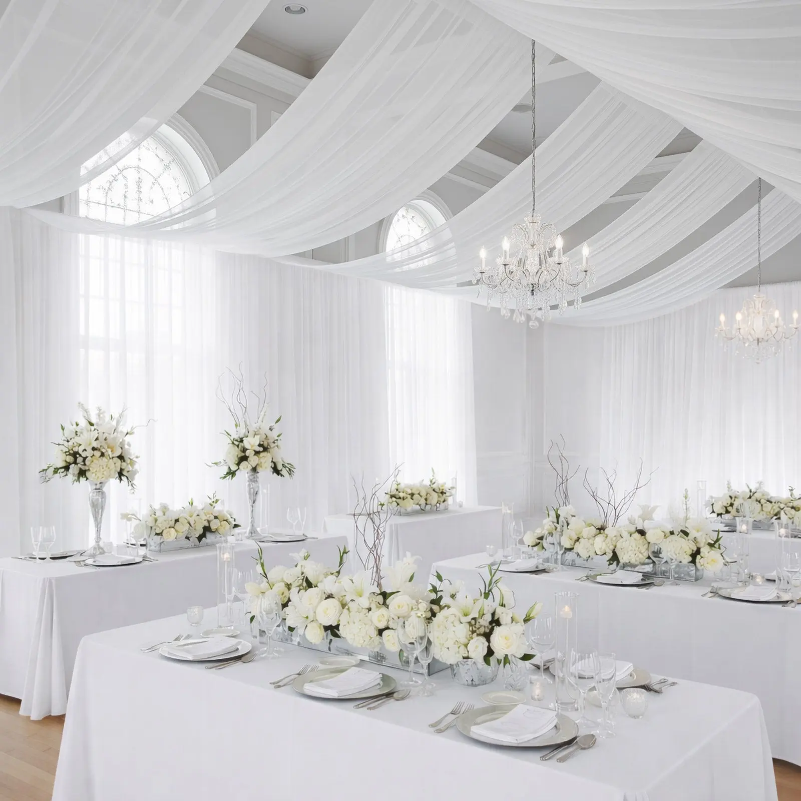 White Chiffon Drape Curtain - 5ftx20ft Rod Pocket Plain Fabric, Durable Fire-Resistant Decor for Weddings, Ceremony Party Backdrop & Ceiling Panel