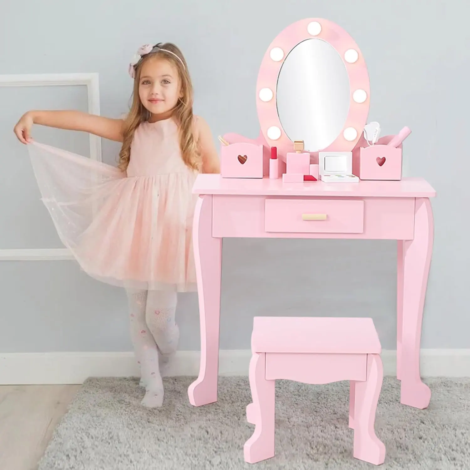 【Christmas Gift】Kids Vanity with Lighted Mirror, Toddler Vanity Table and Chair Set, Girls Makeup Playset, Pink