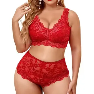 Plus Size Lingerie Set for Women Hot Lace Holder Bralette High Waist Panty Set