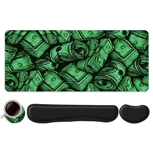 4pcs Green Money Cash Pattern Design Mouse Pad + Keyboard Wrist Rest + Ergonomic Mouse Pad + Coaster Set For Desktop Decoration, Office Accessories Set Ergonomic Wrist Support, Computer Mat Mouse Pad Coaster Suitable For Home Office Gaming