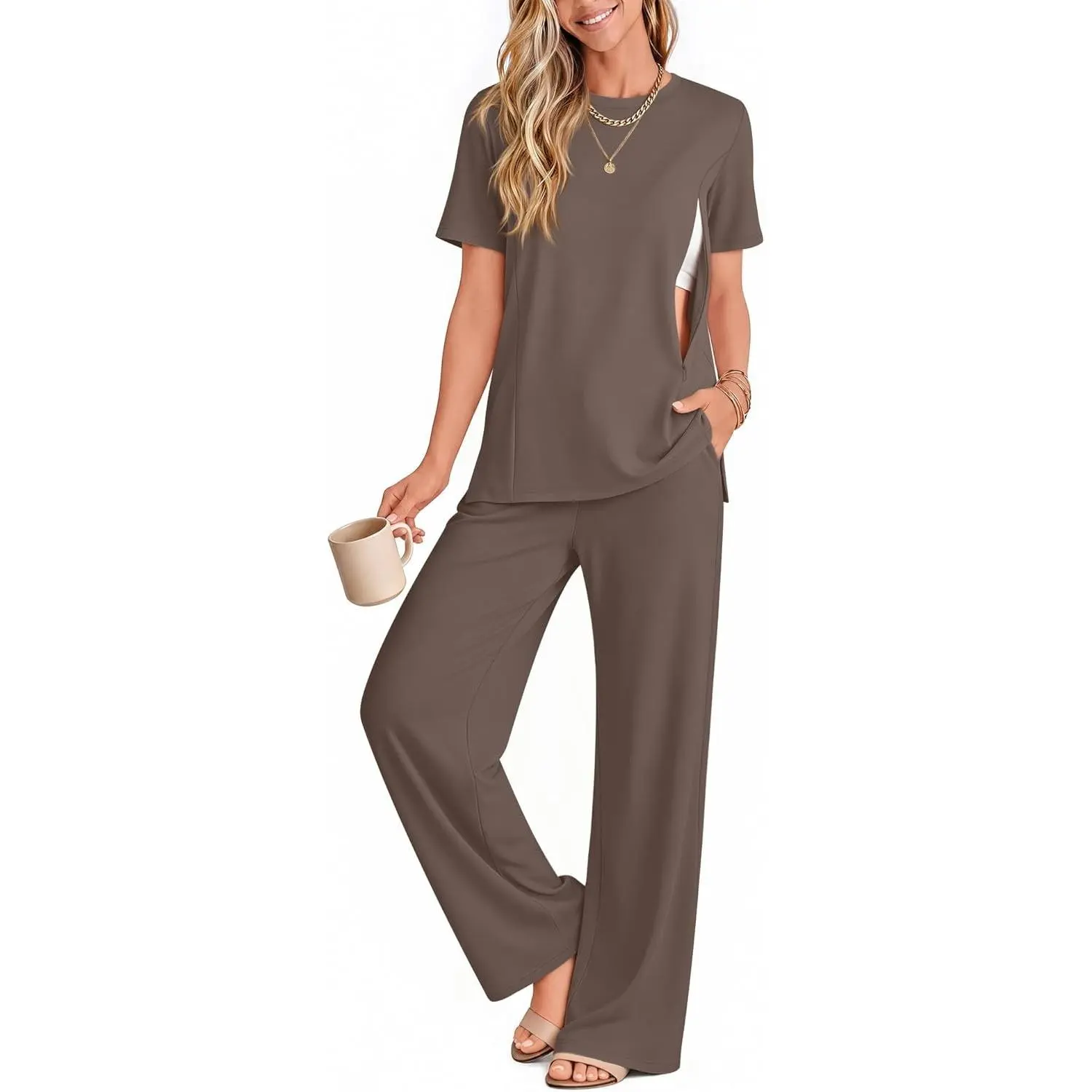 2 Piece Nursing Breastfeeding Set Maternity Pajamas with Hidden Zipper Postpartum Short Sleeve Lounge Outfit Set Pjs