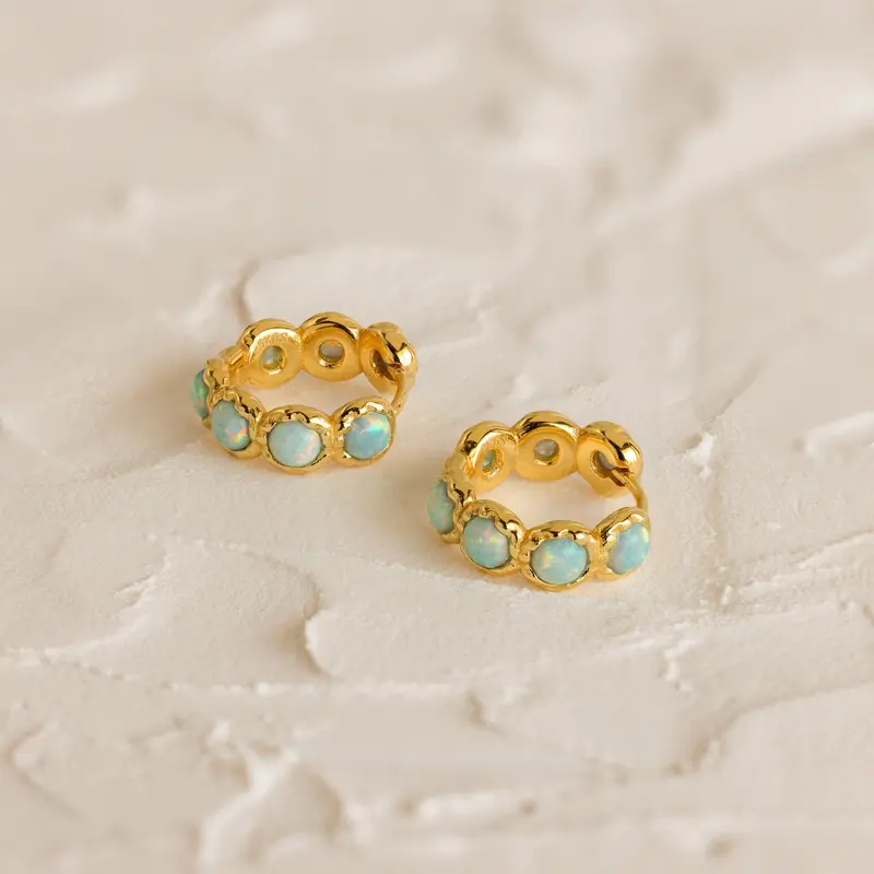 Opal Bezel Huggies by Caitlyn Minimalist - Beaded Opal Gemstone Huggie Hoop Earrings - Boho Jewelry - Gift for Her