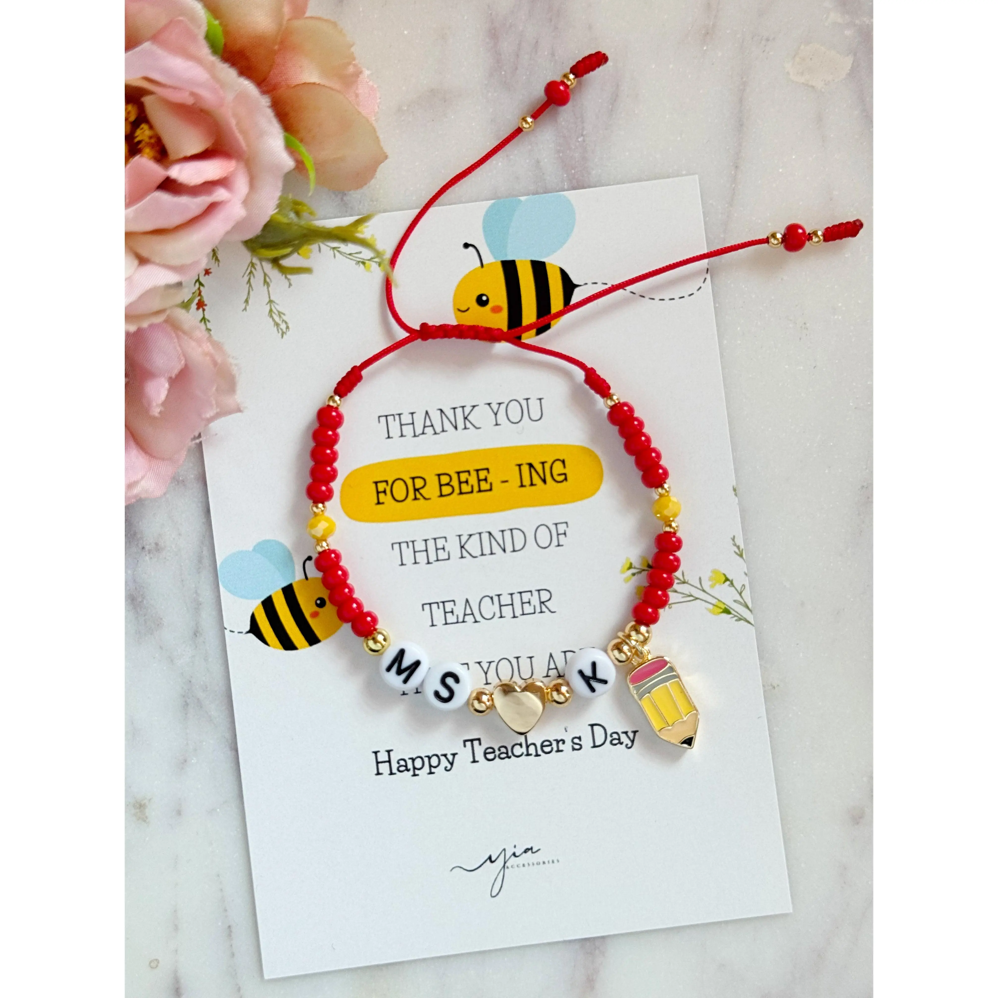 Custom Name Pencil Bangle, Gold Plated Adjustable Beaded Jewelry for Teachers, Casual Unisex Teacher Appreciation Gift