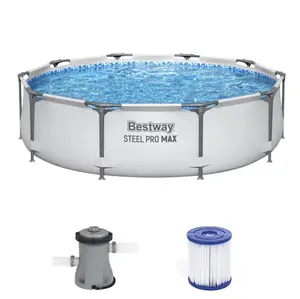 Bestway Steel Pro MAX 10 ft x 30 in Above Ground Pool Set with Filter Pump and Type I Cartridge, Round Steel Frame Swimming Pool, Durable PVC Liner and Quick Setup for Outdoor Family Activities