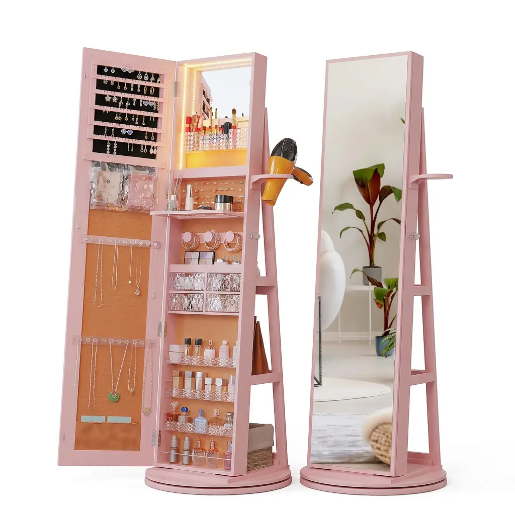 OMNIRA 65" Lockable 360° Swivel Jewelry Armoire with Full-Length Mirror, Interior Mirror, Rear Storage Shelves, Standing Home Organizer Cabinet (White)