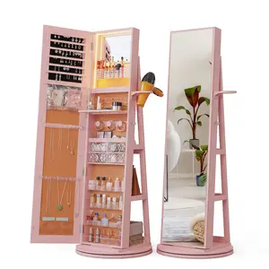 OMNIRA 65" Lockable 360° Swivel Jewelry Armoire with Full-Length Mirror, Interior Mirror, Rear Storage Shelves, Standing Home Organizer Cabinet (White)