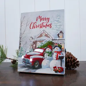 Coming Home for Christmas by Gina Jane 8x6 Lighted Tabletop Canvas with Fiber Optic LED Technology Auto Timer Festive Snowmen Scene