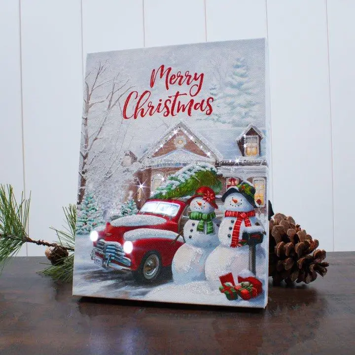 Coming Home for Christmas by Gina Jane 8x6 Lighted Tabletop Canvas with Fiber Optic LED Technology Auto Timer Festive Snowmen Scene