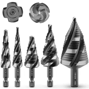 Four Spiral Flute Step Drill Bit Set Metric 5 Pcs HSS Step Drill Bits 6mm & 10mm Shank for Aluminum Wood Plastic Anti Friction Blade Tool