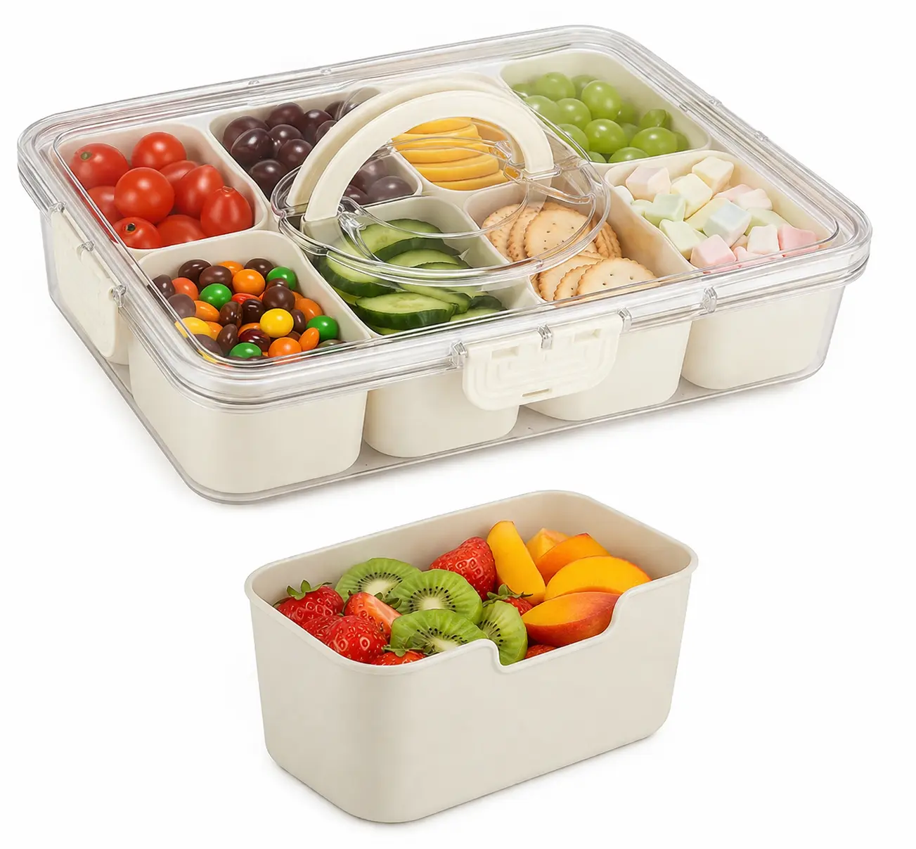 Snackle Box Container, Divided Serving Tray with Lid and Handle, Portable Snack Containers, 8 Compartment Snack Box Container, Transparent Storage Box for Fruits, Vegetables, Candies