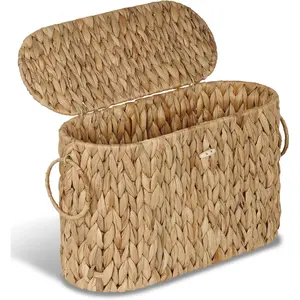 Toilet Paper Storage Basket, Water Hyacinth Slim Toilet Paper Holder with Lid- Holds Up to 9 Mega Rolls,  Bathroom Decor Organizer