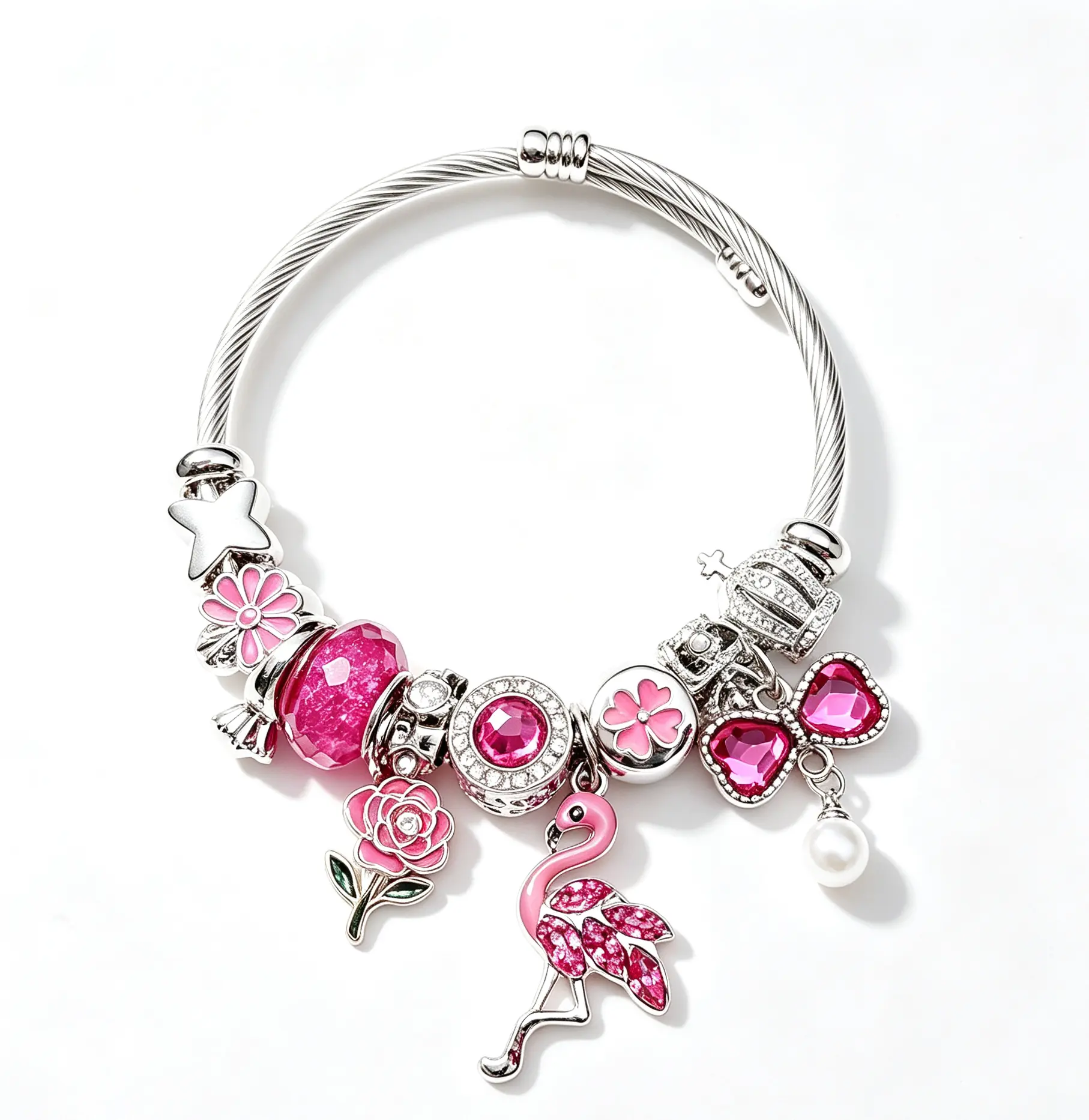Silver Tone Open Cuff Bangle Bracelet, Pink Crystal Flamingo Rose Flower Charm Bracelet, Adjustable Twisted Cable Fashion Jewelry Gift for Women