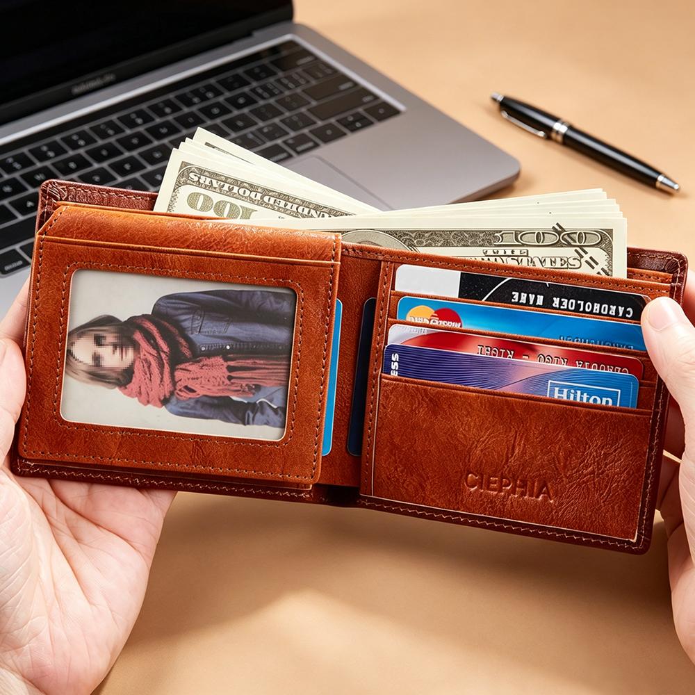 Men's Genuine Leather RFID Blocking Protection Wallet Retro Bifold Short Multifunction ID Credit Card Holder With 2 ID Wallets