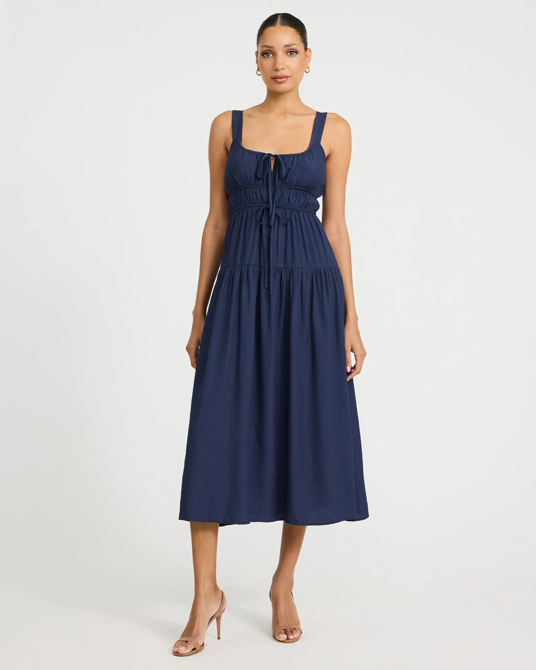 Express Scoop Neck Tie Front Keyhole Tiered Midi Dress