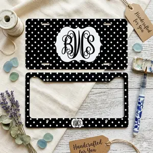 Black Polka Dot Monogram License Plate and Frame Personalized Car Tag Preppy Aesthetic Car Accessories Cute Classic Gift for Women